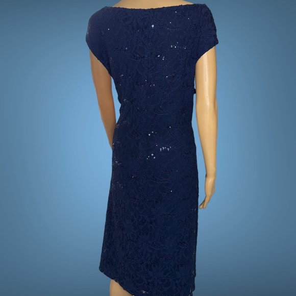 Ralph Lauren|Sheath Long Dress|Size 10|Navy Blue|Full Lace|Sequin|Lined|Stretch - Picture 4 of 16